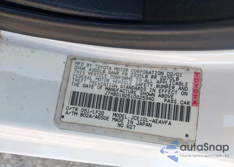 2001 Lexus Is 300 z USA, uszkodzony, nr VIN JTHBD182510025940